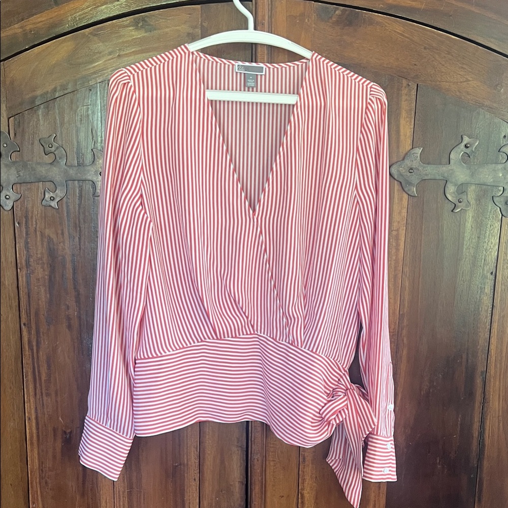 Chelsea28 Red and White Striped V-Neck Blouse